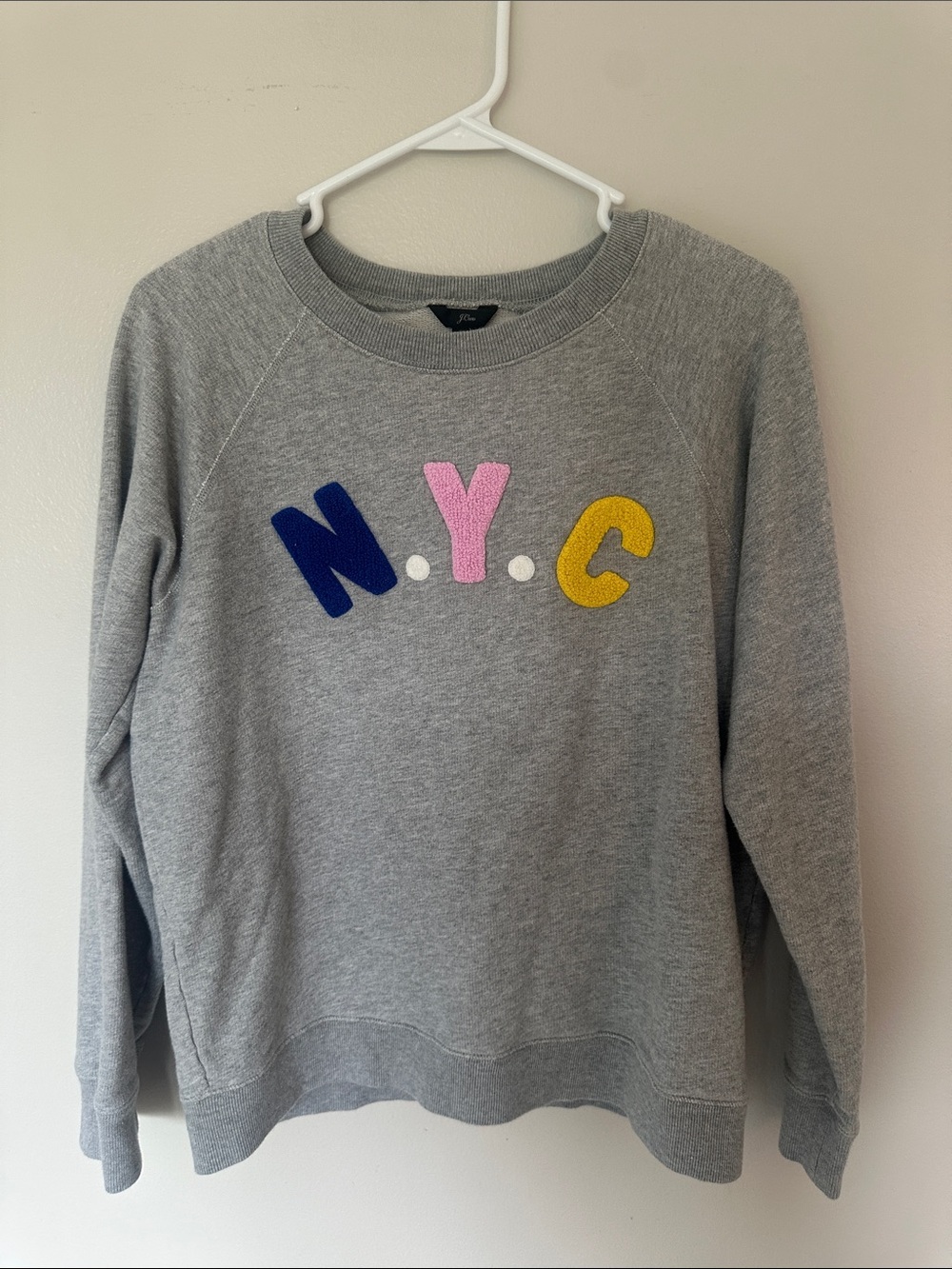 J. Crew Gray Crewneck Sweatshirt with Blue, Pink & Yellow N.Y.C. Appliqué